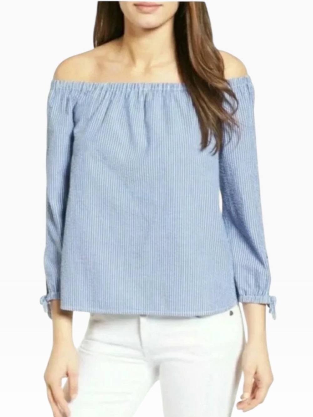 Vineyard Vines Martha’s Off-Shoulder Seersucker Top Royal Ocean Long Sleeve Sz:2